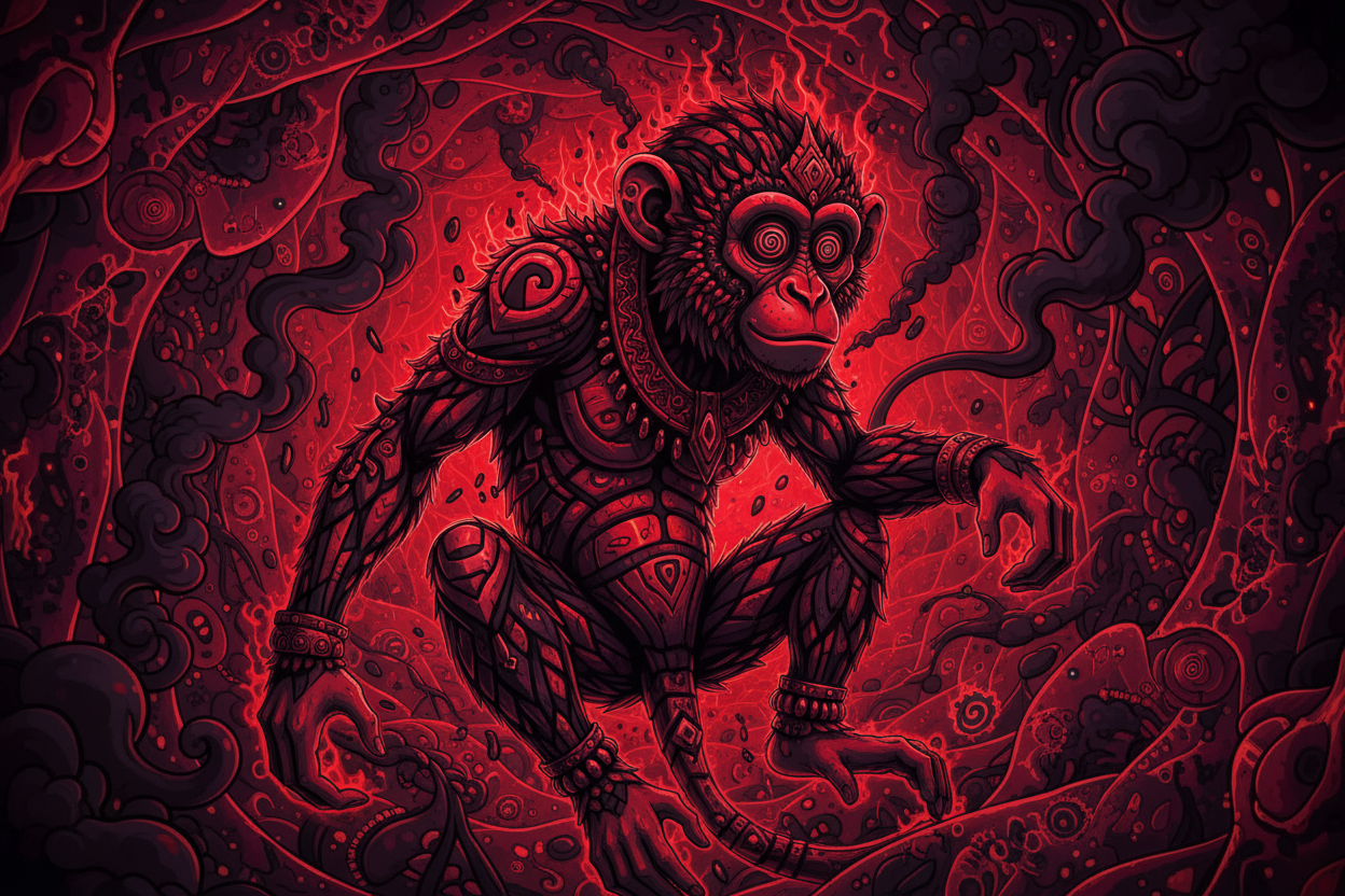trippy red and black monkey smoking and rolling